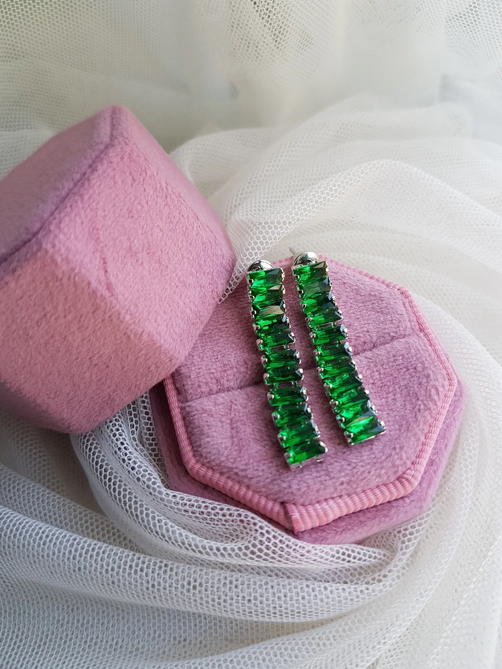 Swarovski Elements Gold Emerald Green Emerald-cut Baguette Tennis Earrings NEW